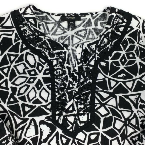 Style & Co Black White Tile Print 3/4 Sleeve 100% Linen Tunic Top Womens 24W NWT - Picture 4 of 13